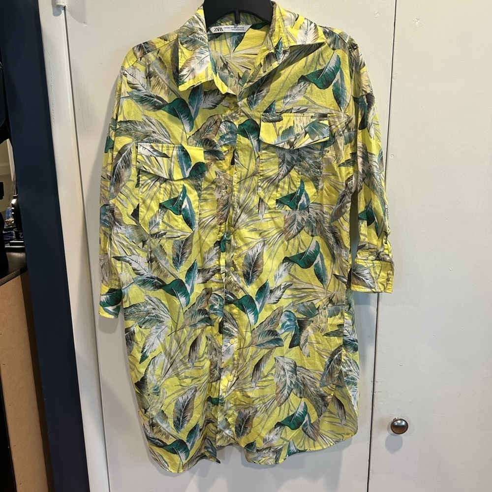 Zara Yellow and Green Leaf Print Shirt Dress